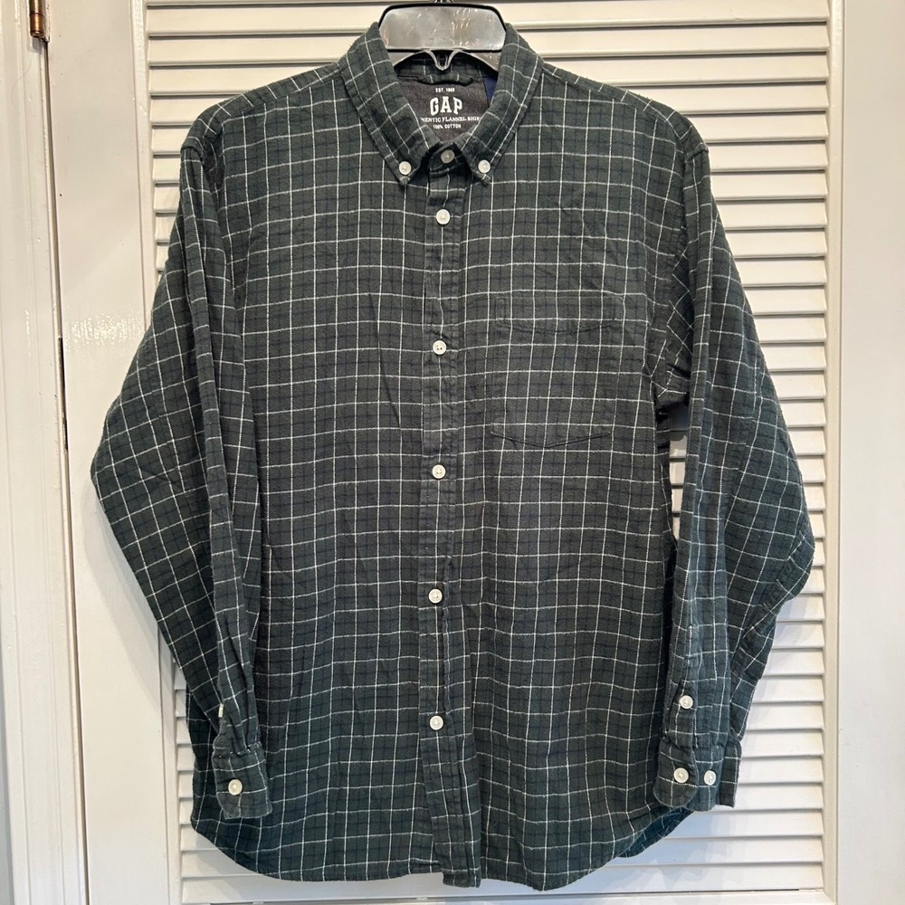 GAP Kids Authentic Flannel Shirt XXL/TTG‎ Gray Plaid Button Up Long Sleeve